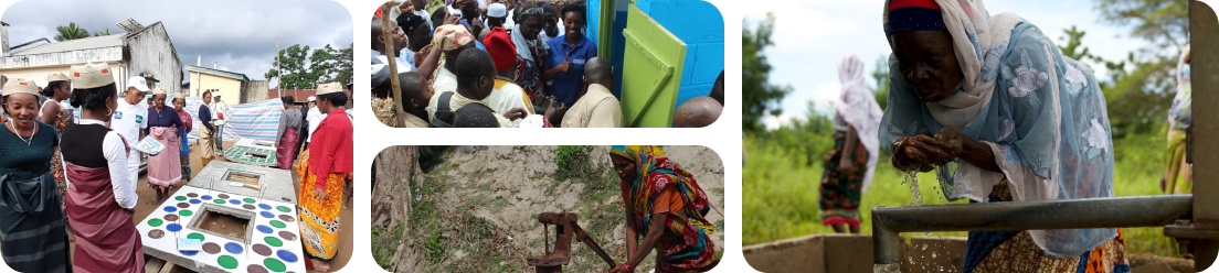 A collage of four images. In the first, a crowd is gathered around four latrine slab prototypes. In the second, a crowd inspects a newly-built latrine shelter. In the third, a woman is pumping water into a bucket. In the fourth, a woman is scooping water from a basin with her hands.