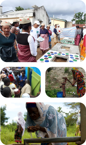A collage of four images. In the first, a crowd is gathered around four latrine slab prototypes. In the second, a crowd inspects a newly-built latrine shelter. In the third, a woman is pumping water into a bucket. In the fourth, a woman is scooping water from a basin with her hands.